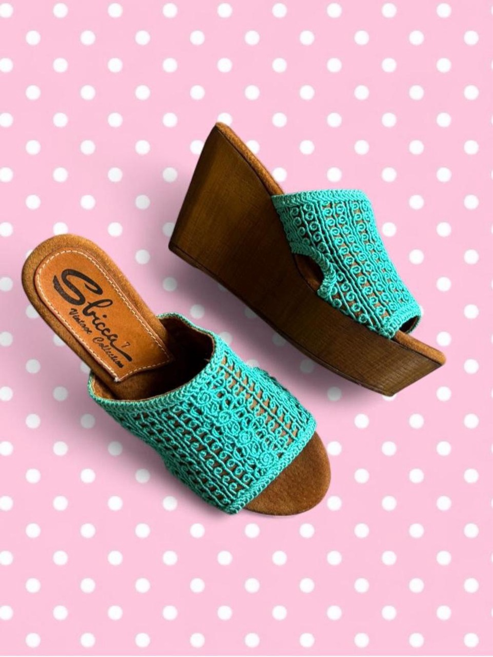 Sbicca Turquoise Crochet Platform Wedge Slides